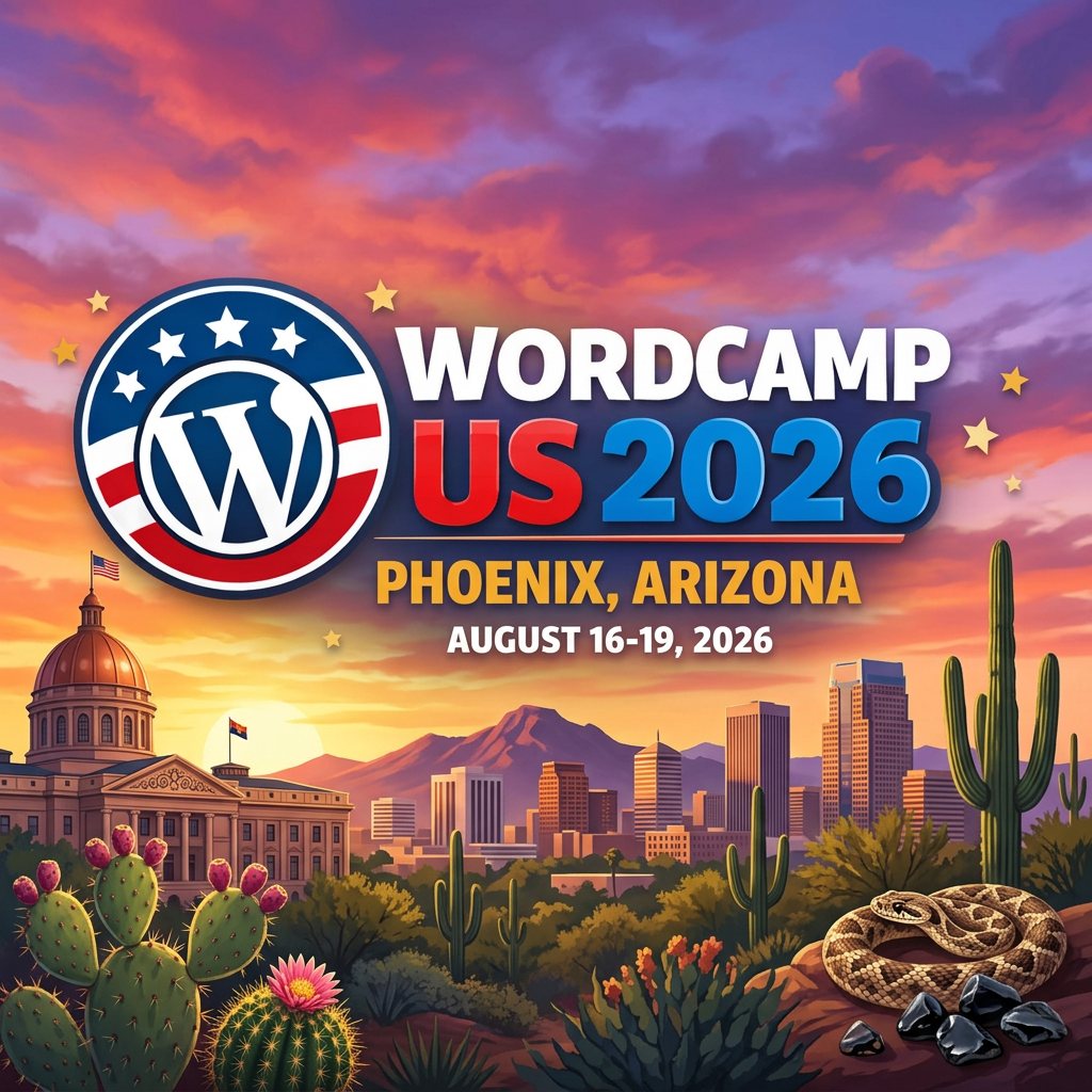 WordCamp US 2026 announcement with Phoenix cityscape, cacti, and desert elements