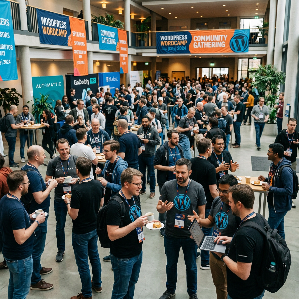 Large group of people networking and socializing at WordPress WordCamp 2024 event with sponsor banners