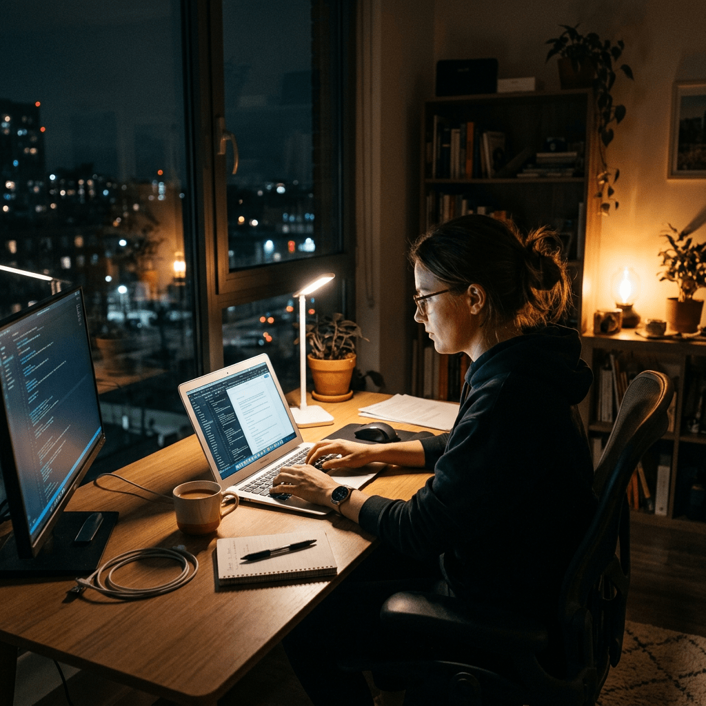Person typing on laptop at desk with dual monitors and city lights outside window at night